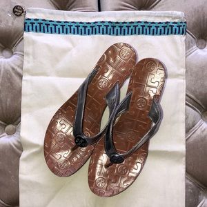 TORY BURCH THORA WEDGE SANDALS GUNMETAL SIZE 6.5